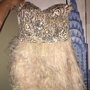 Bebe sequin ostrich feather dress